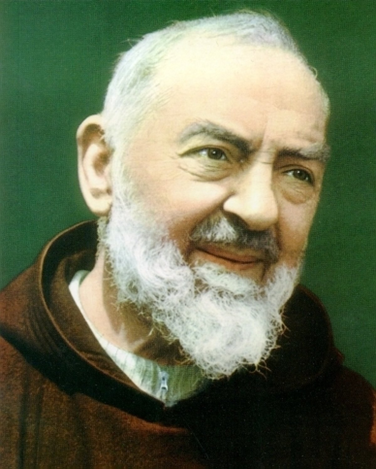 Illustrated portrait of الأب بيو, with a soft halo