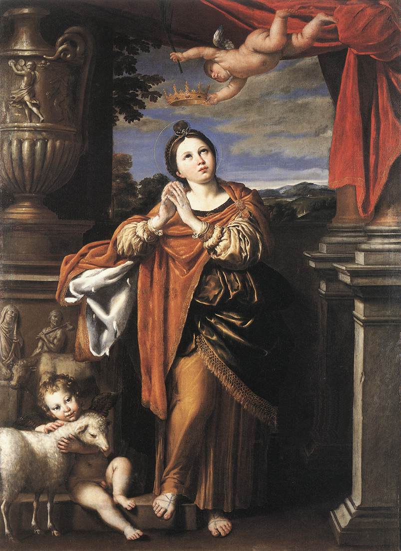 Illustrated portrait of Sainte Agnès de Rome, with a soft halo