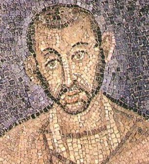 Illustrated portrait of Saint Ambroise de Milan, with a soft halo