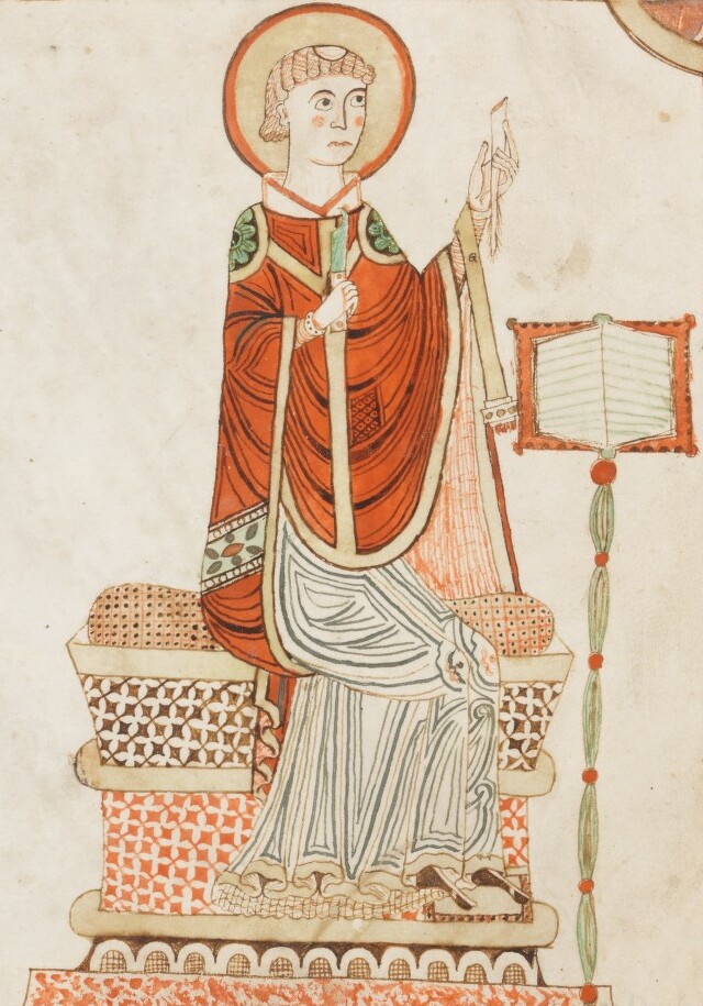 Illustrated portrait of Saint Bède le Vénérable, with a soft halo