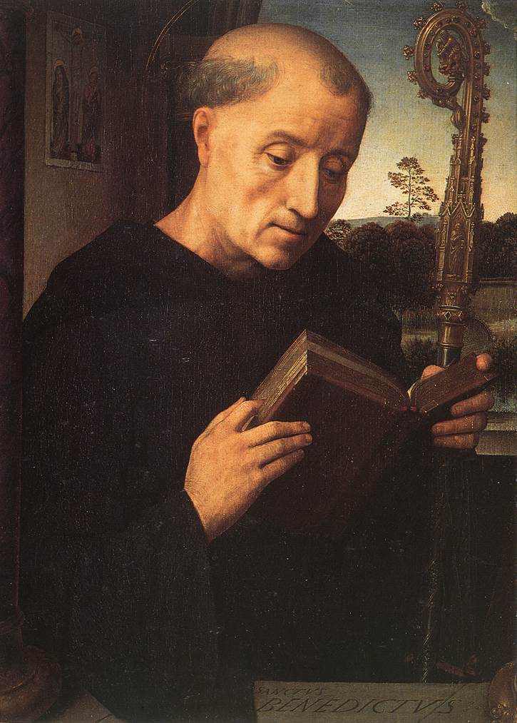 Illustrated portrait of Saint Benedict of Nursia, with a soft halo