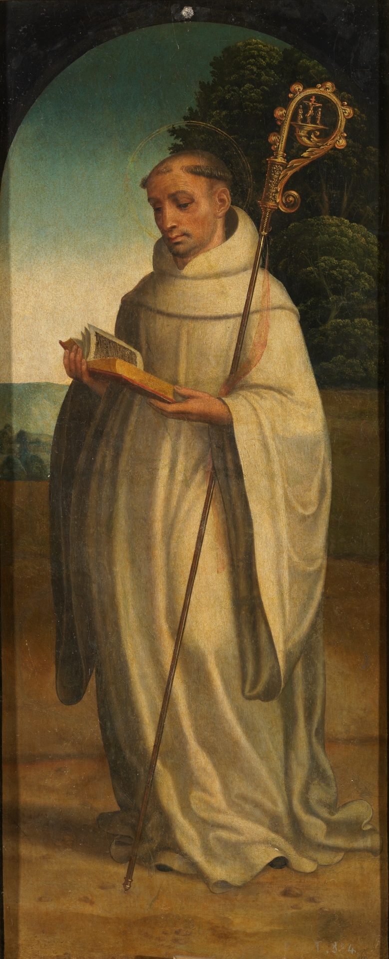 Illustrated portrait of Saint Bernard de Clairvaux, with a soft halo