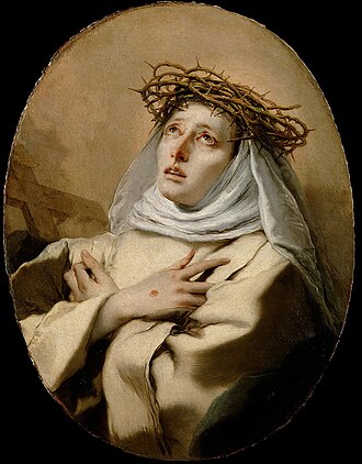 Illustrated portrait of القديسة كاترين السيينية, with a soft halo