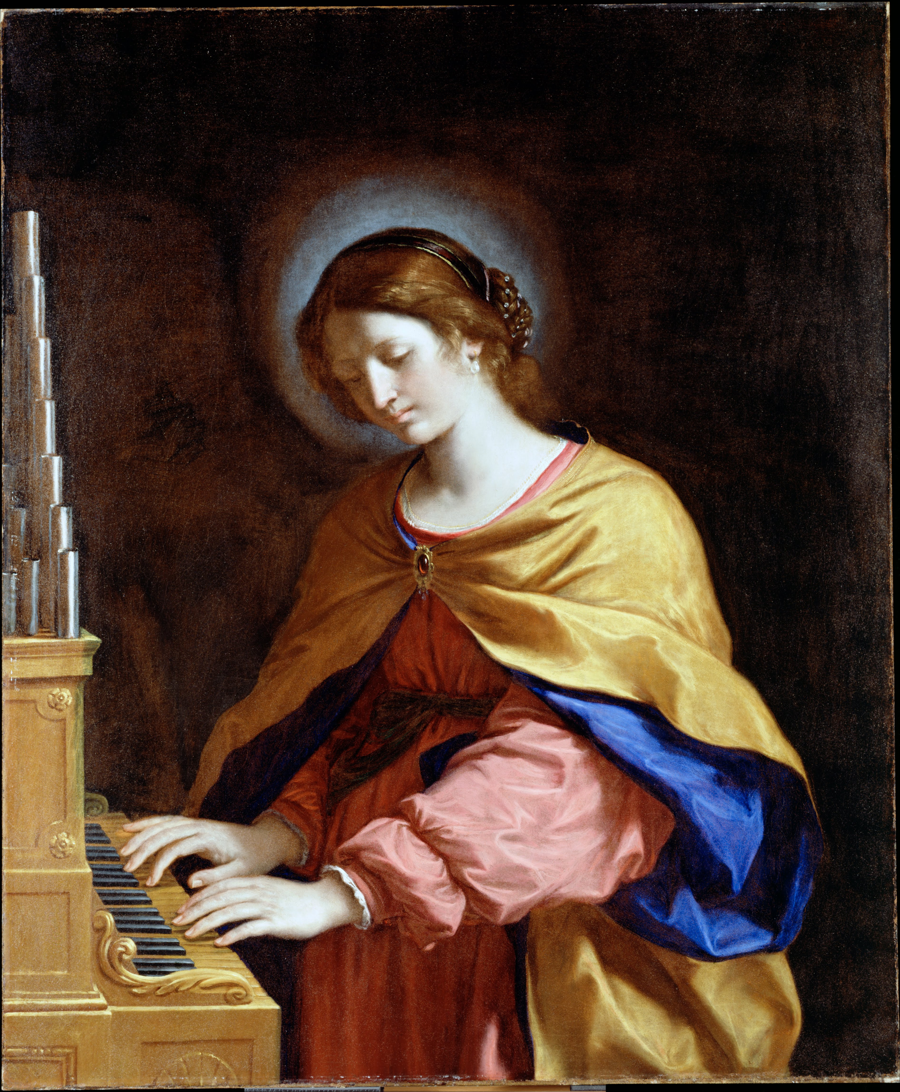 Illustrated portrait of Sainte Cécile, with a soft halo