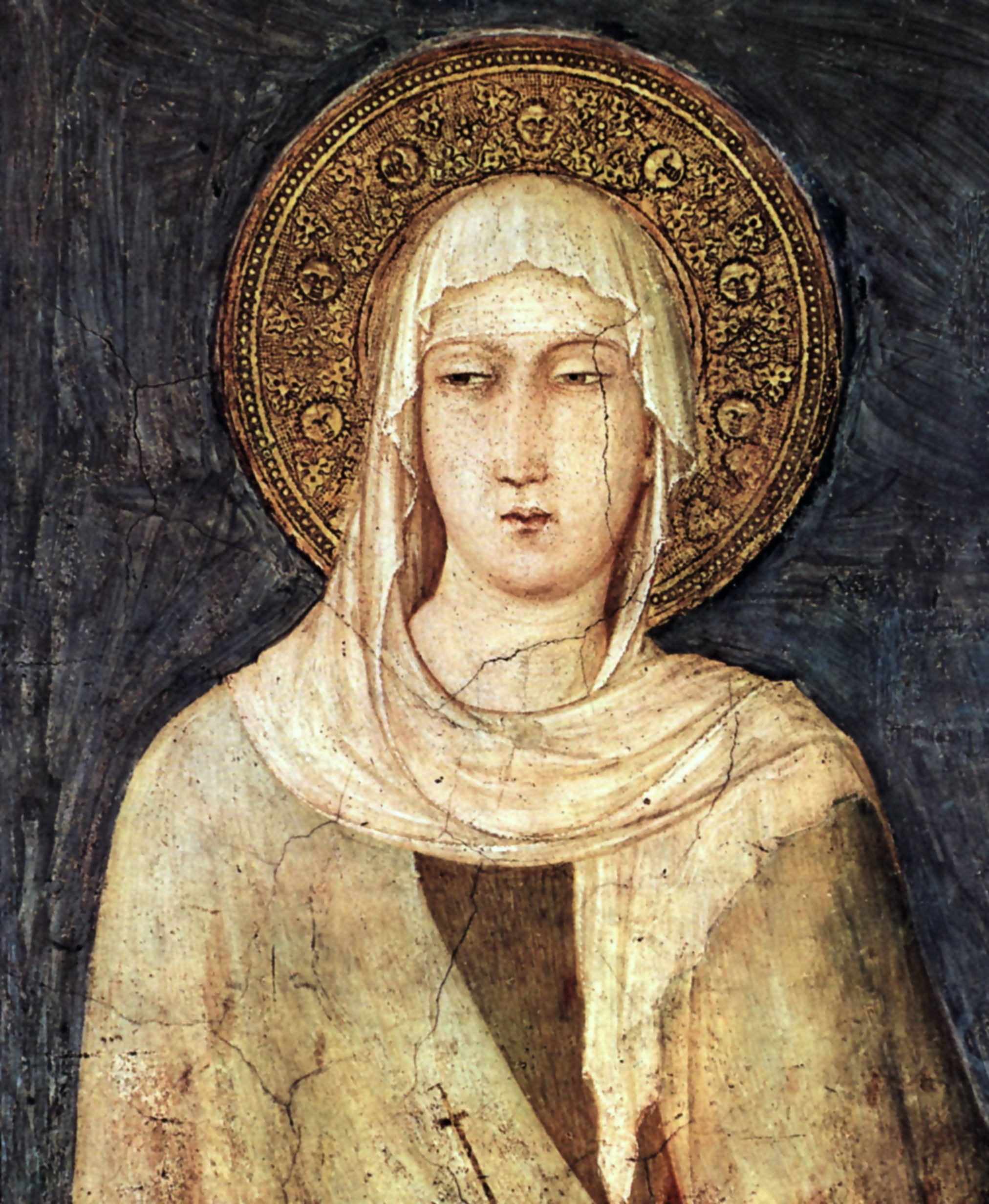 Illustrated portrait of Santa Chiara d'Assisi, with a soft halo