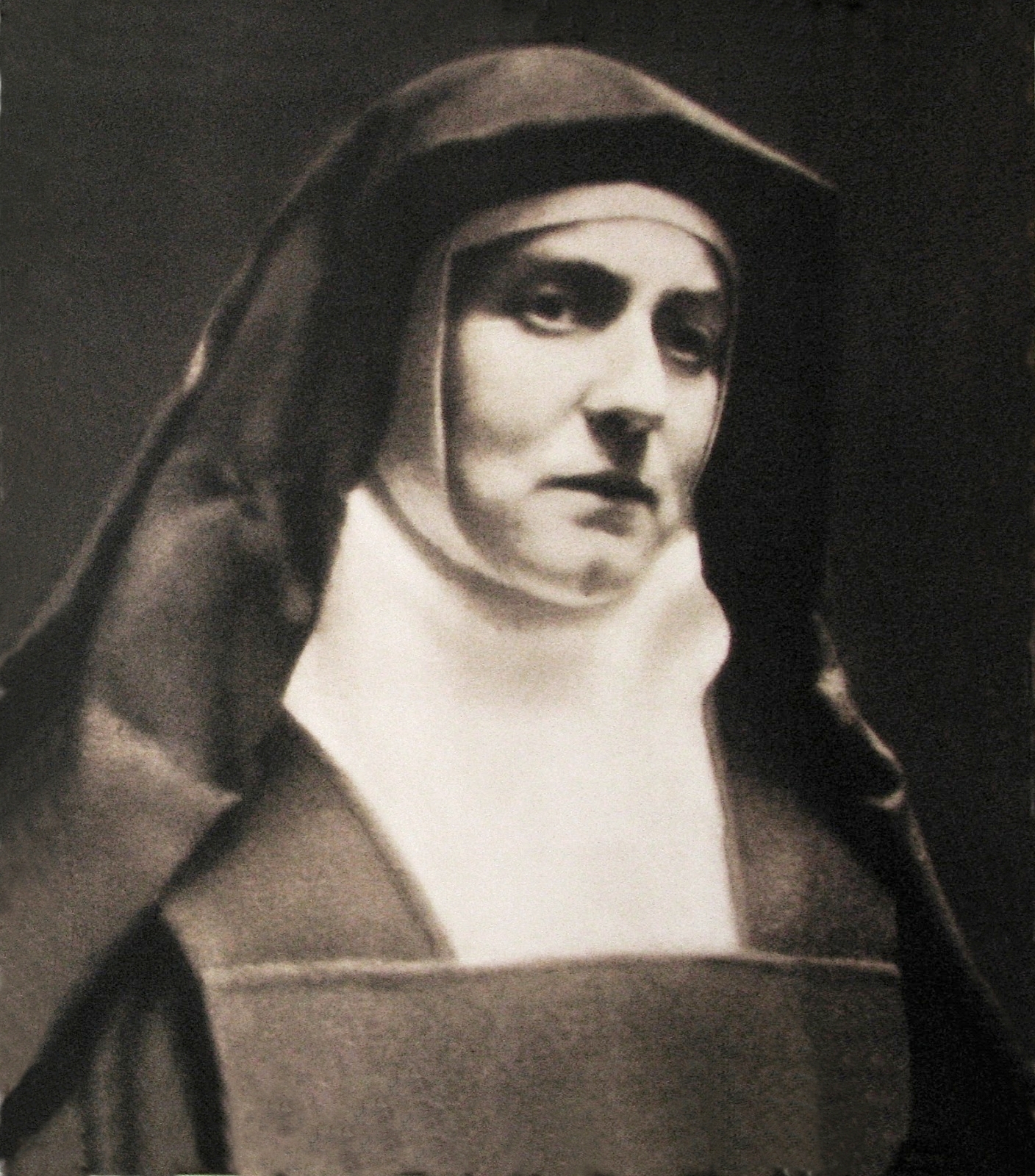 Illustrated portrait of القديسة إديث شتاين, with a soft halo