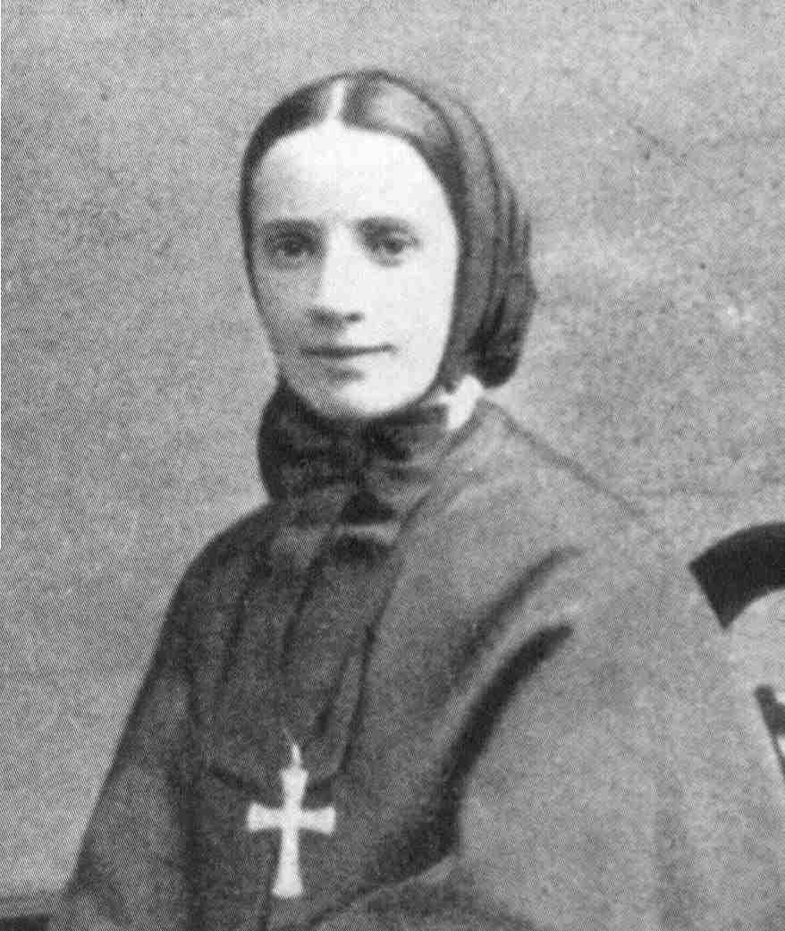 Illustrated portrait of Sainte Françoise-Xavière Cabrini, with a soft halo