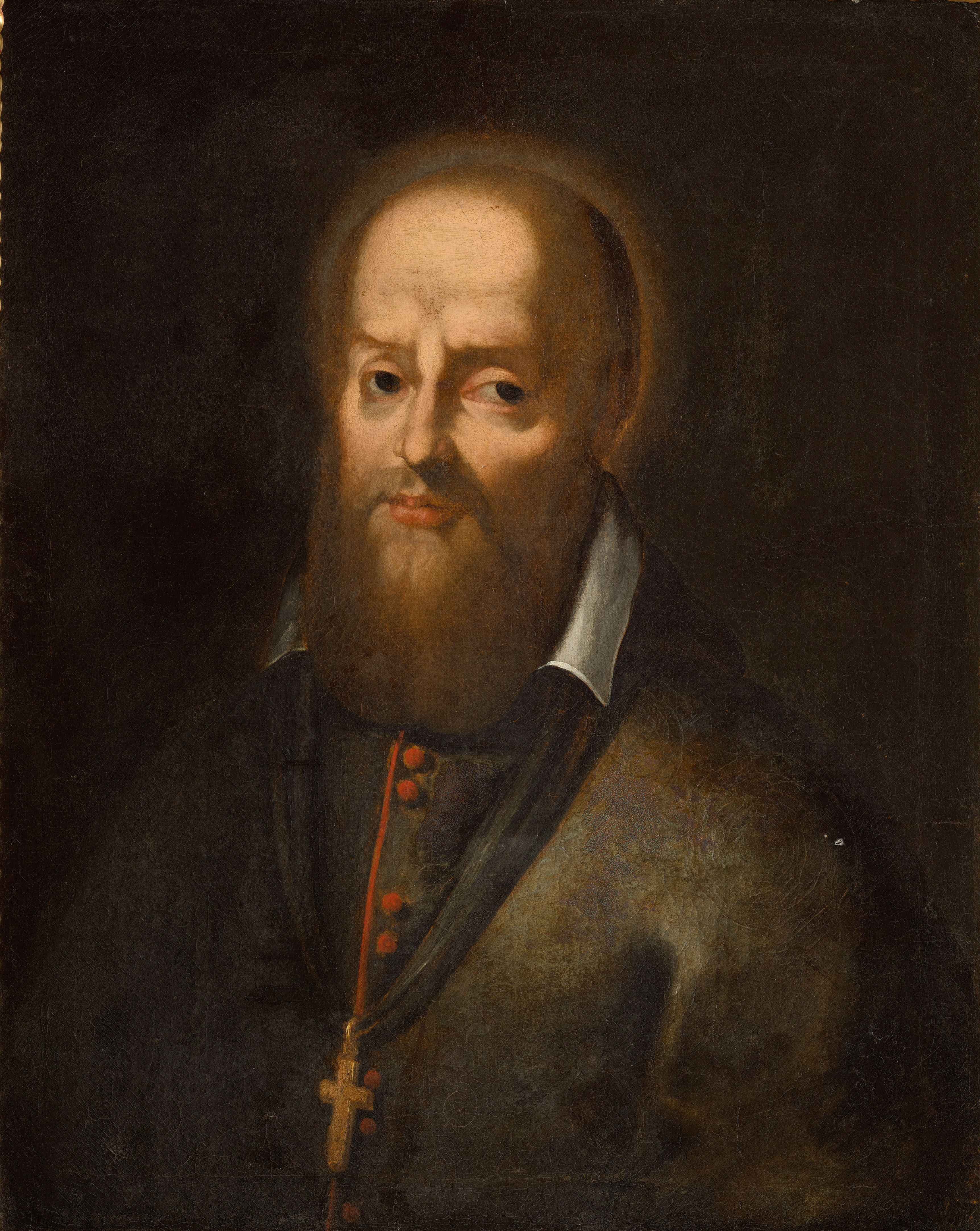 Illustrated portrait of Saint François de Sales, with a soft halo
