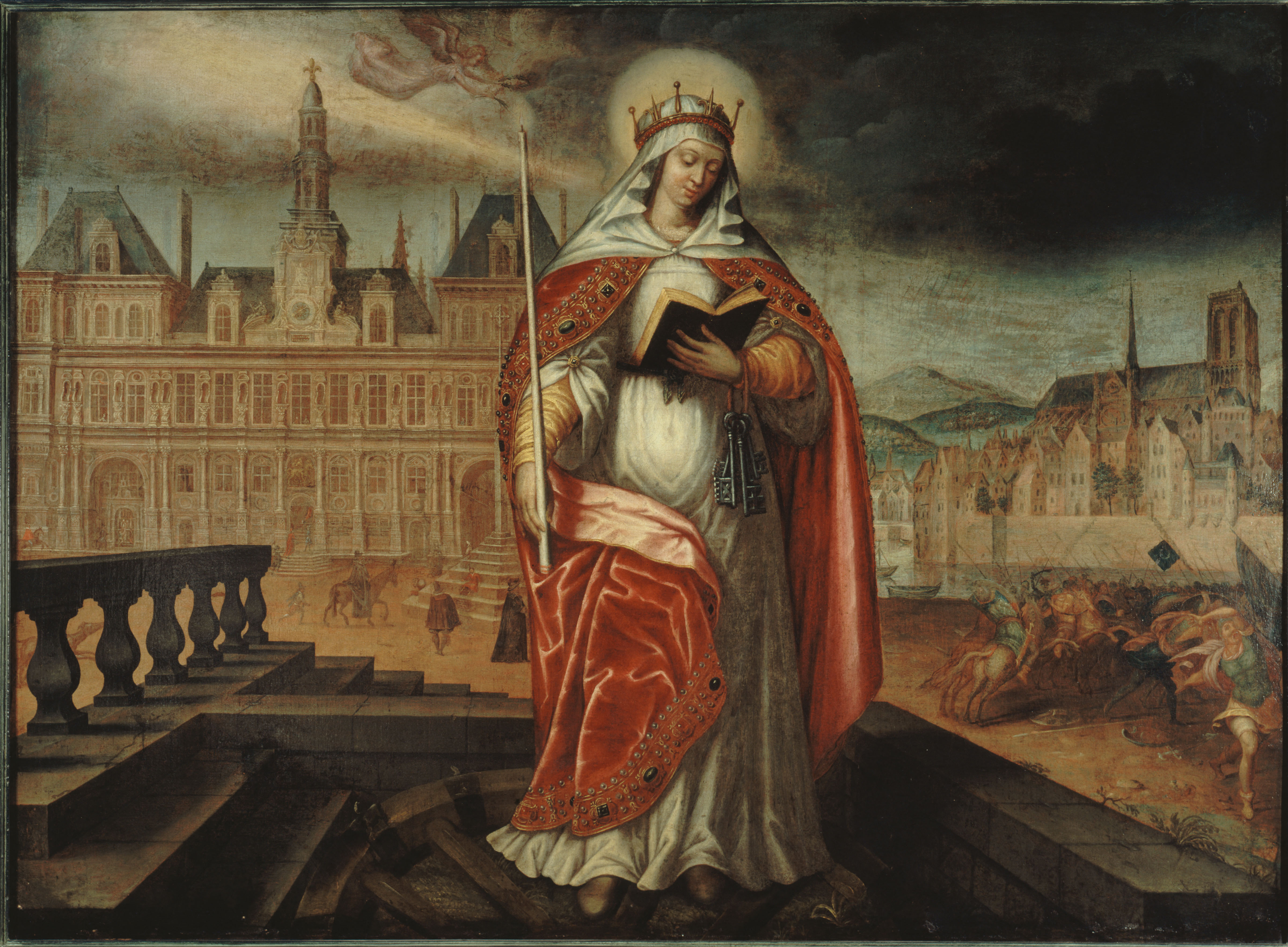 Illustrated portrait of Saint Genevieve, with a soft halo