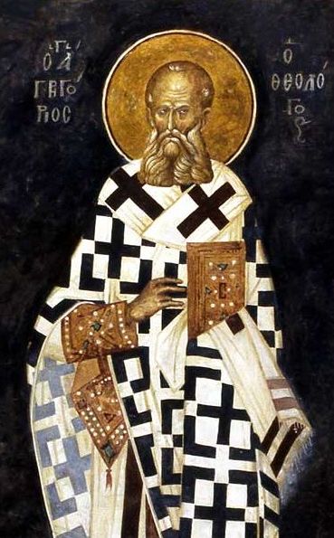Illustrated portrait of San Gregorio di Nazianzo, with a soft halo