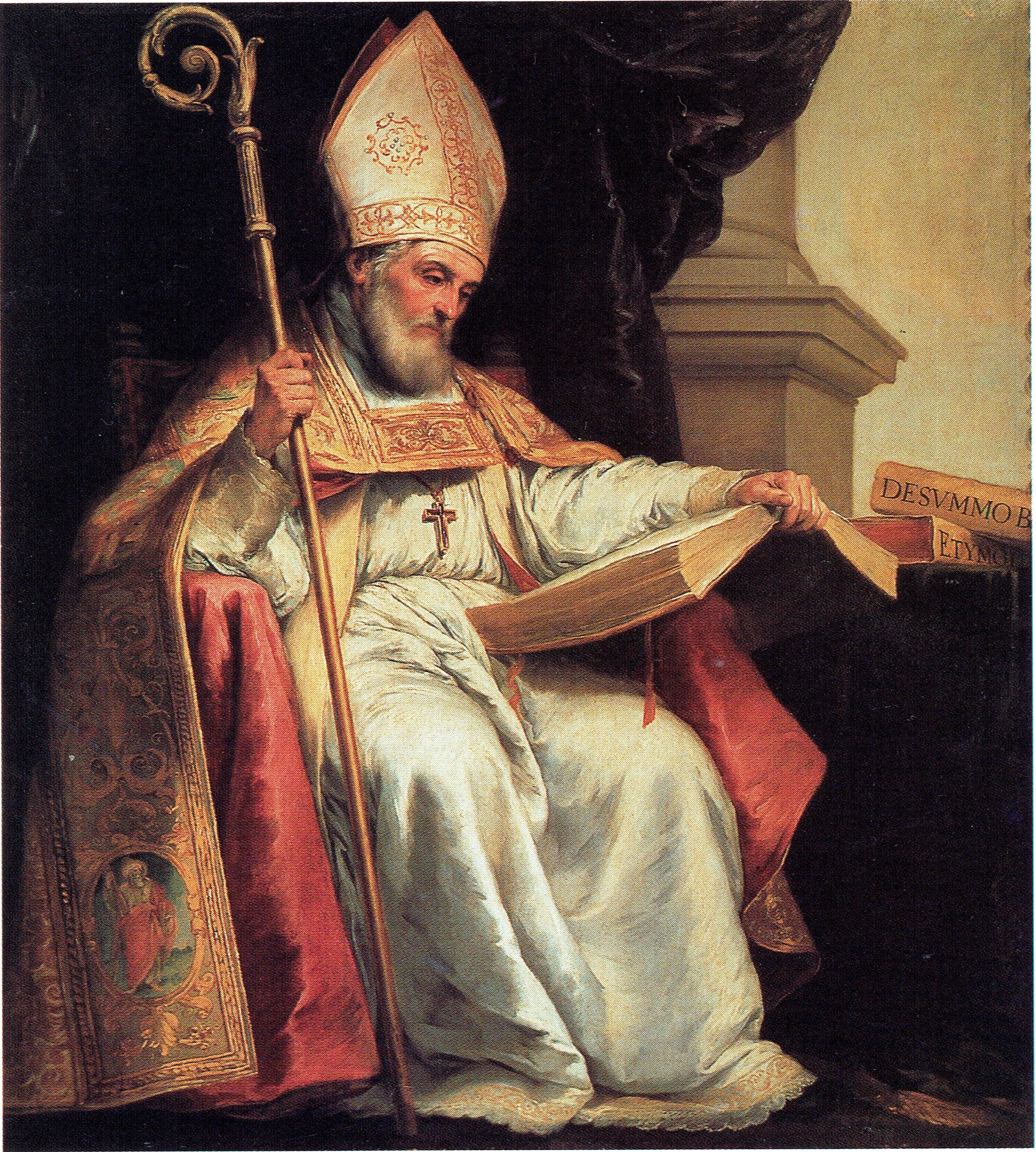 Illustrated portrait of القديس إيزيدور الإشبيلي, with a soft halo