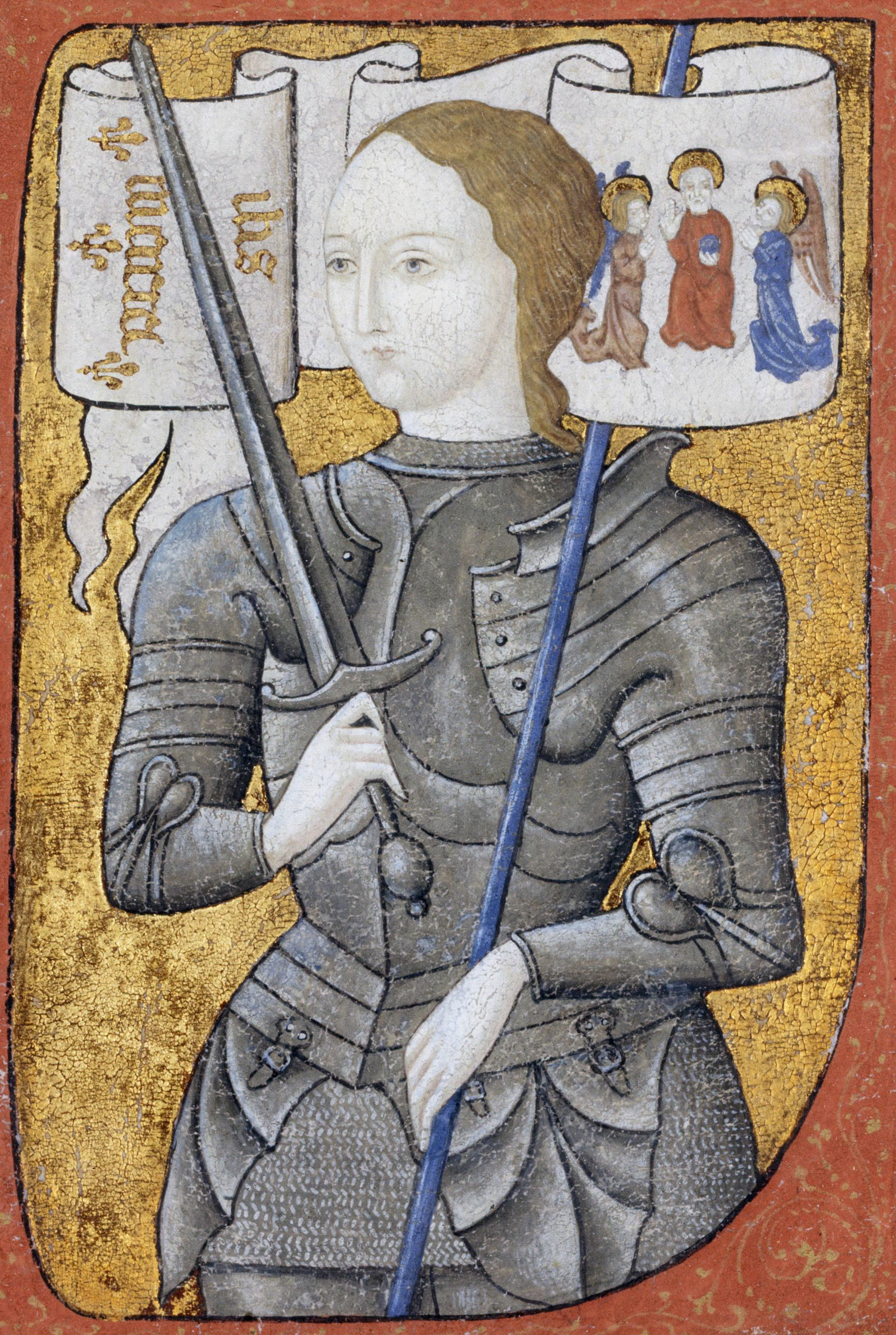Illustrated portrait of Saint Joan of Arc, with a soft halo