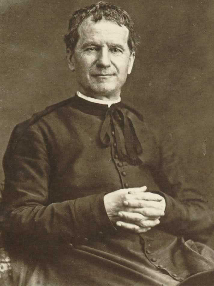 Illustrated portrait of Saint Jean Bosco, with a soft halo