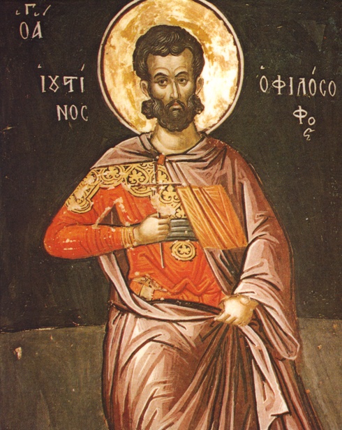 Illustrated portrait of San Giustino Martire, with a soft halo