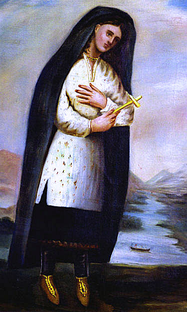 Illustrated portrait of القديسة كاتيري تيكاكويثا, with a soft halo