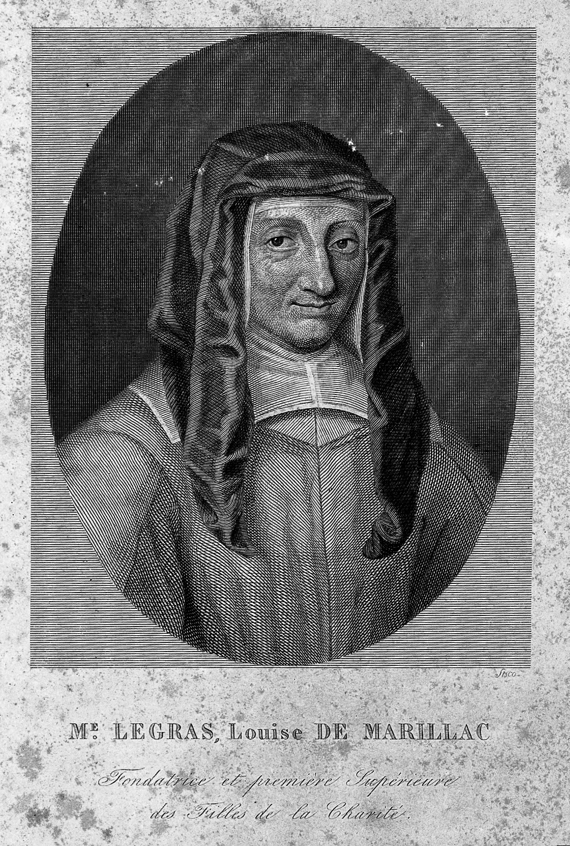 Illustrated portrait of Saint Louise de Marillac, with a soft halo