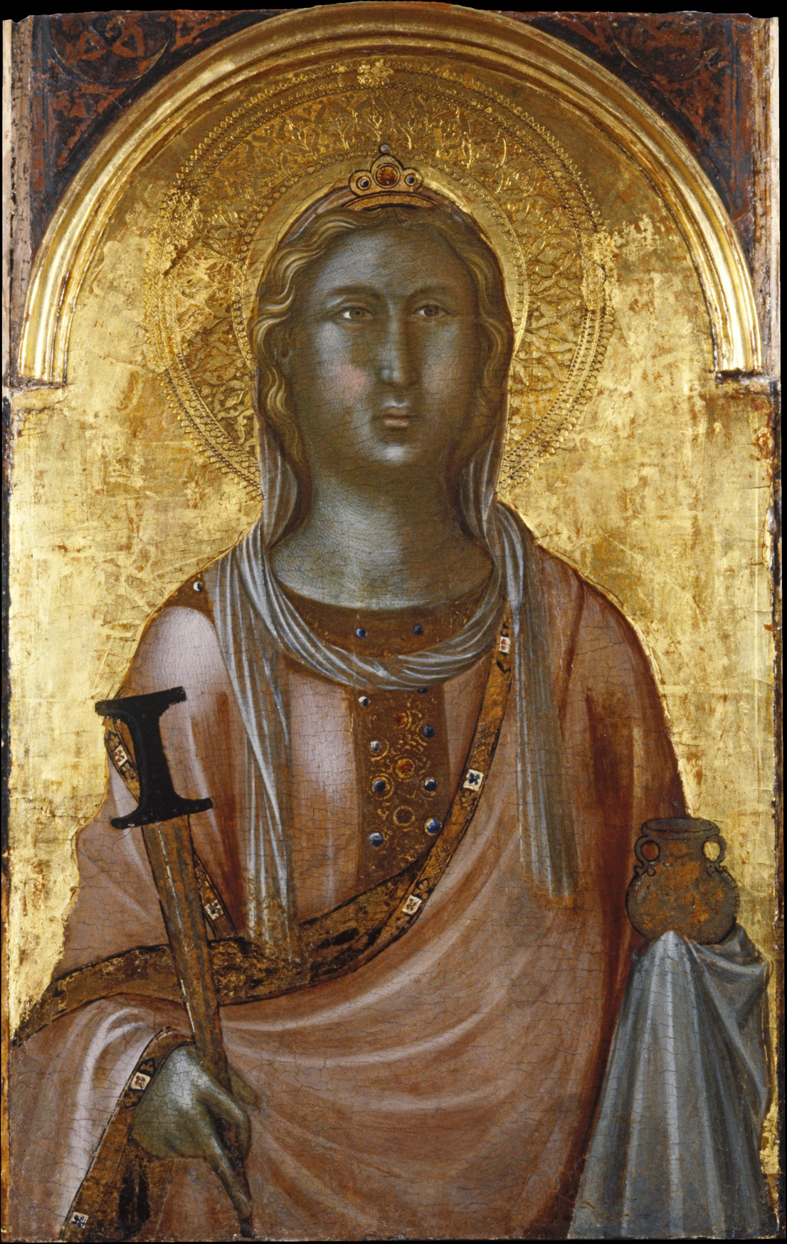 Illustrated portrait of Sainte Lucie, with a soft halo