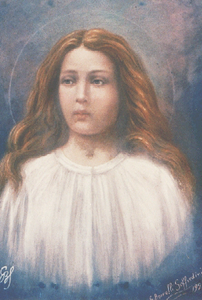 Illustrated portrait of Sainte Maria Goretti, with a soft halo