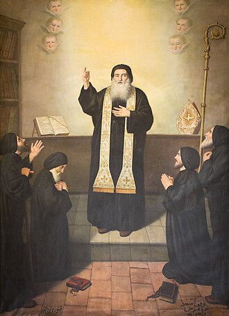 Illustrated portrait of Saint Maron, with a soft halo