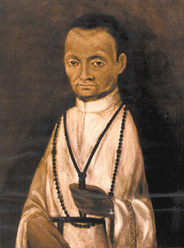 Illustrated portrait of San Martín de Porres, with a soft halo