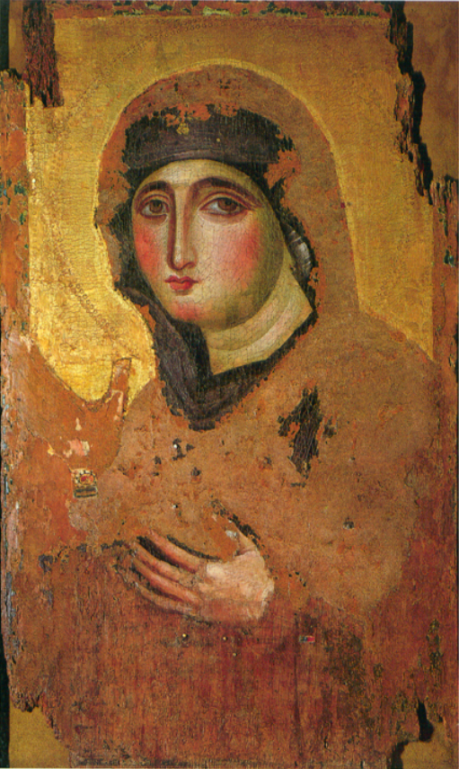 Illustrated portrait of Sainte Marie, Mère de Jésus, with a soft halo
