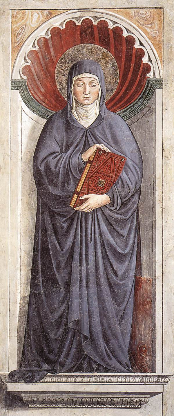 Illustrated portrait of Sainte Monique, with a soft halo