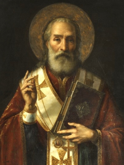 Illustrated portrait of القديس نيقولا الميري, with a soft halo
