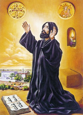 Illustrated portrait of القديس نعمة الله الحرديني, with a soft halo