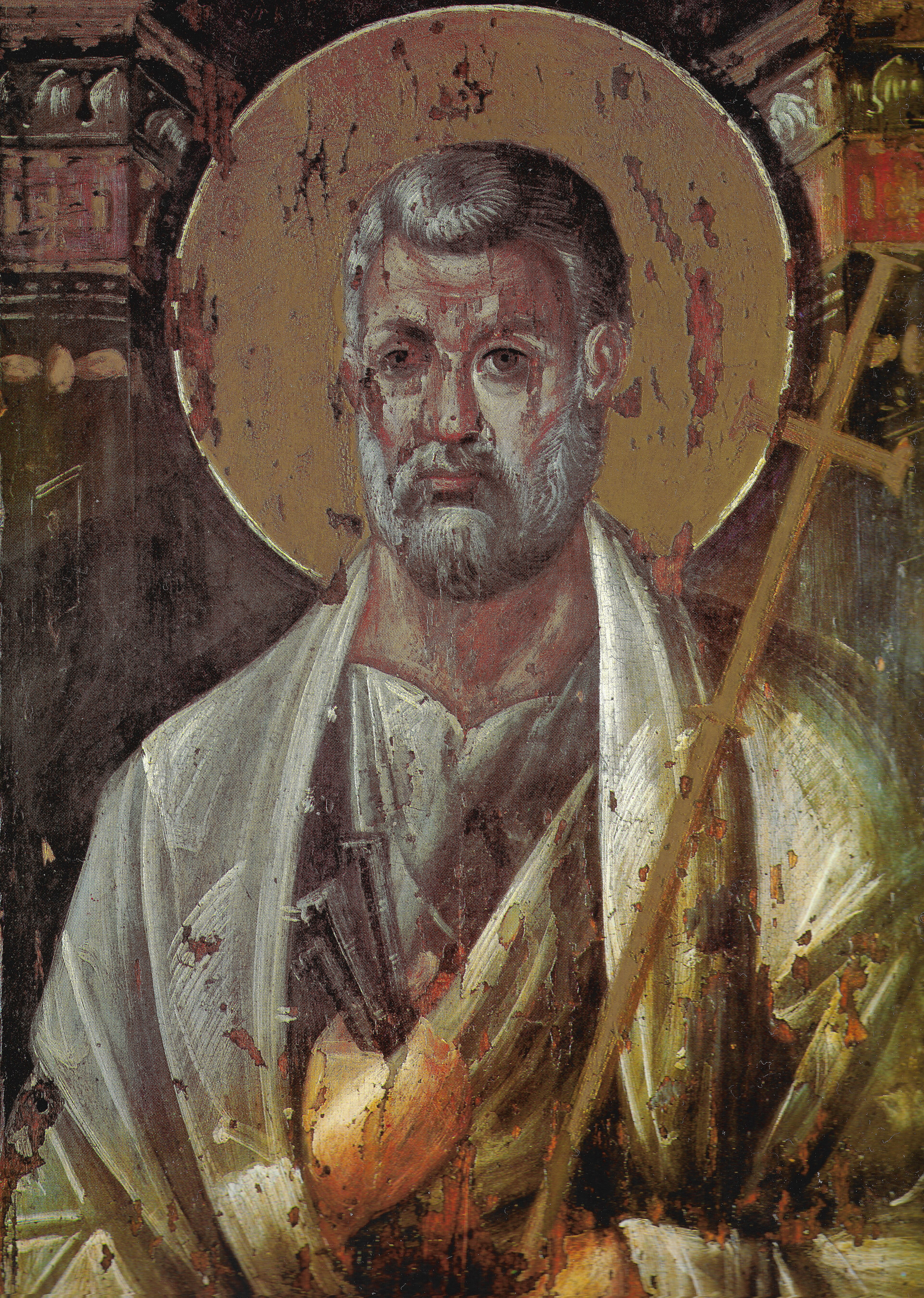 Illustrated portrait of Saint Pierre, with a soft halo