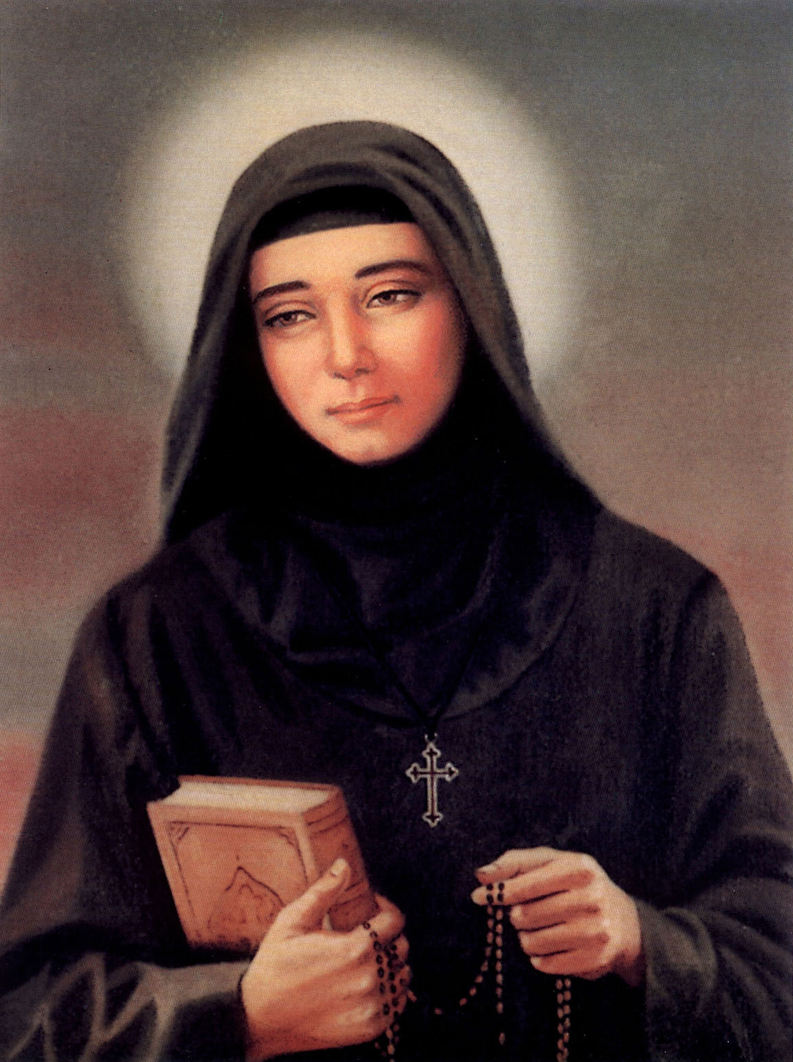 Illustrated portrait of القديسة رفقا, with a soft halo