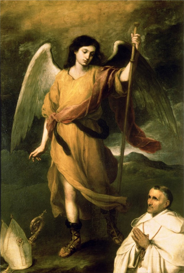 Illustrated portrait of القديس رافائيل رئيس الملائكة, with a soft halo