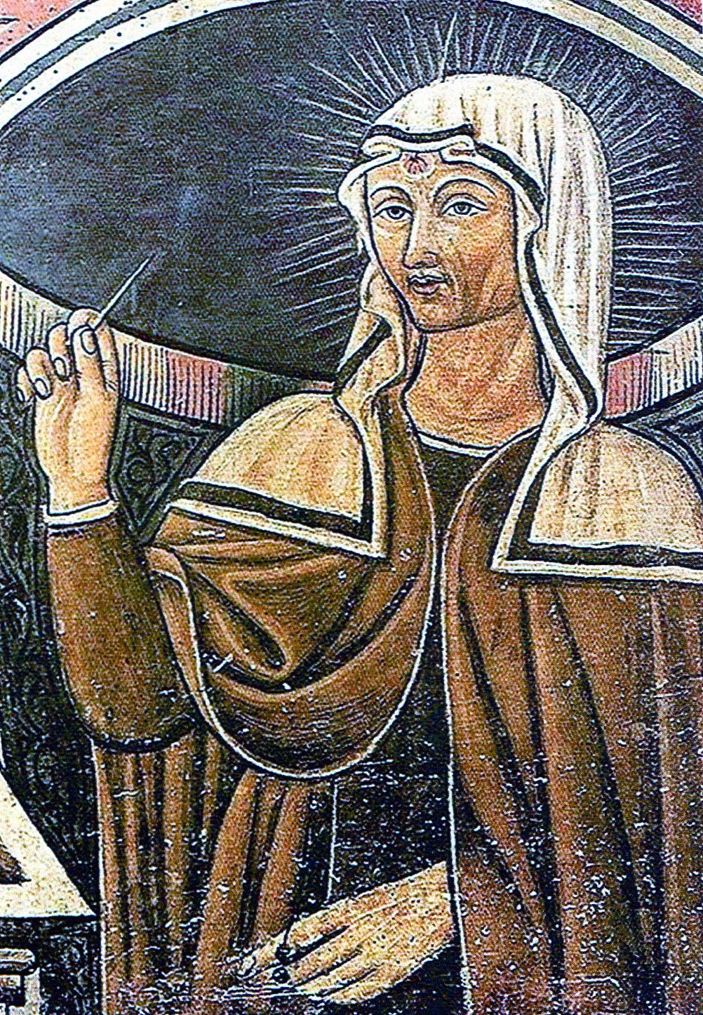 Illustrated portrait of Santa Rita da Cascia, with a soft halo