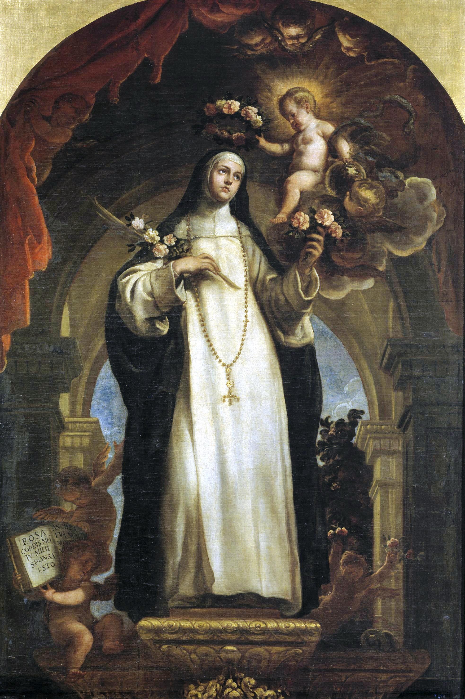 Illustrated portrait of Santa Rosa da Lima, with a soft halo