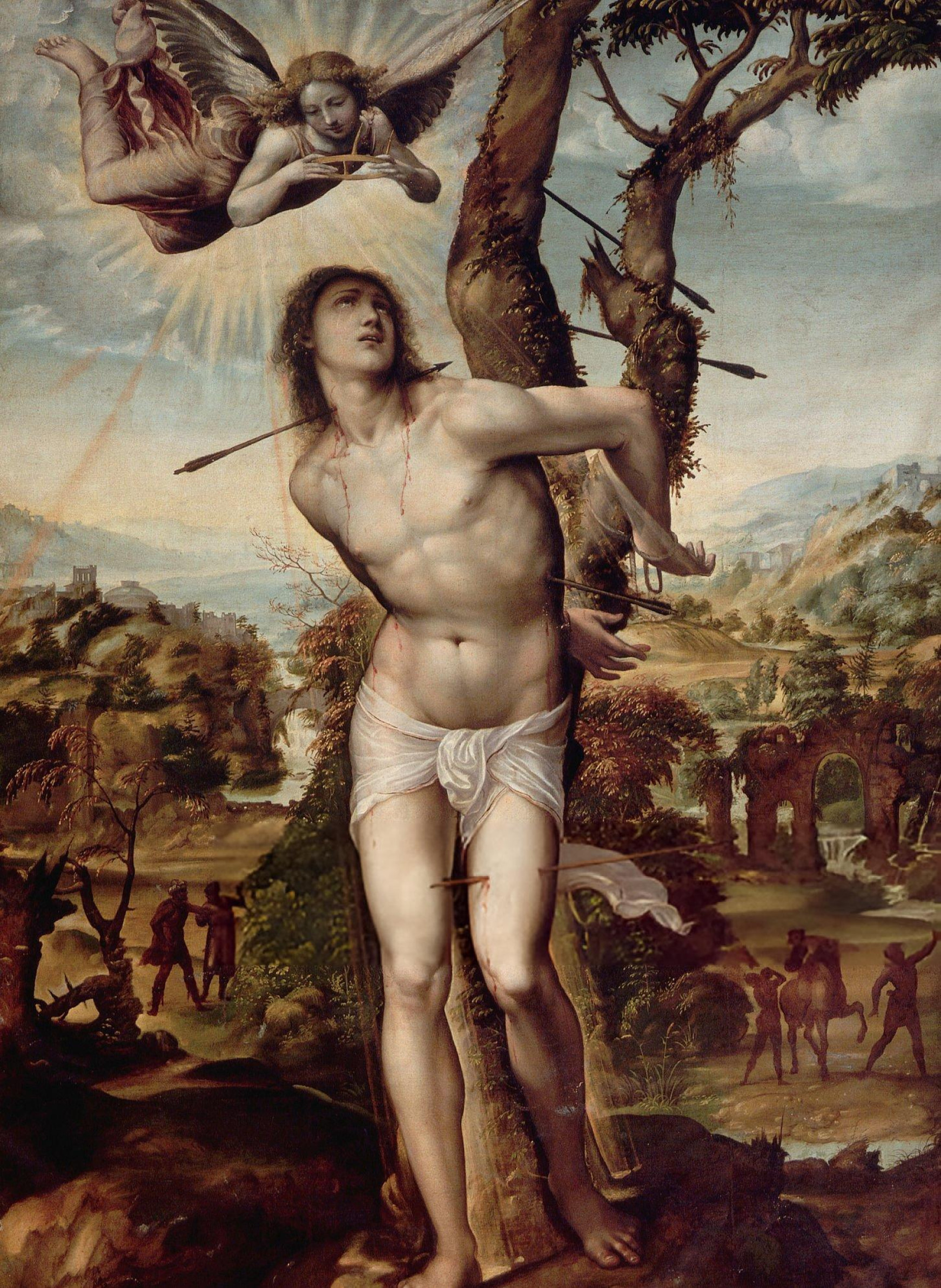 Illustrated portrait of Saint Sébastien, with a soft halo