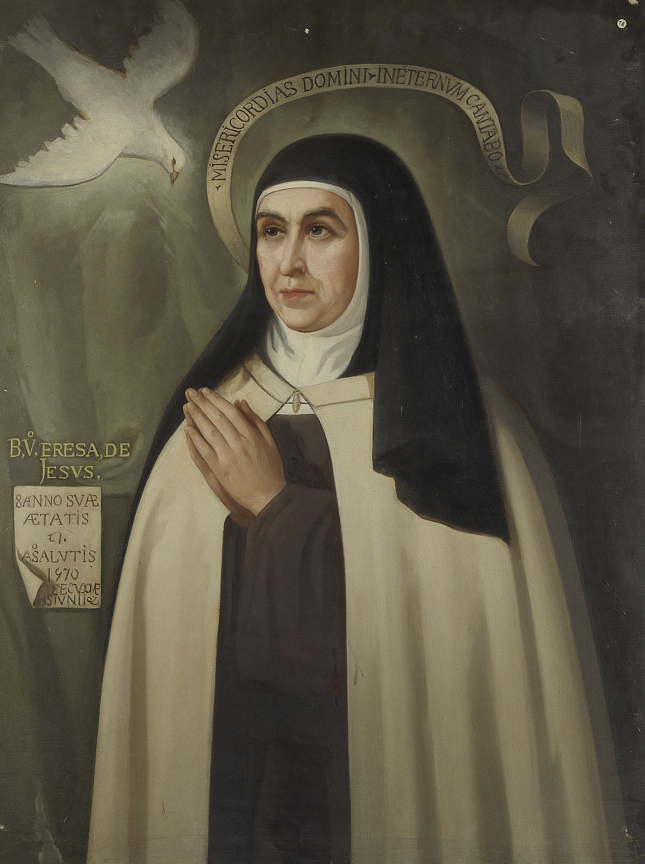 Illustrated portrait of القديسة تريزا الأفيلية, with a soft halo