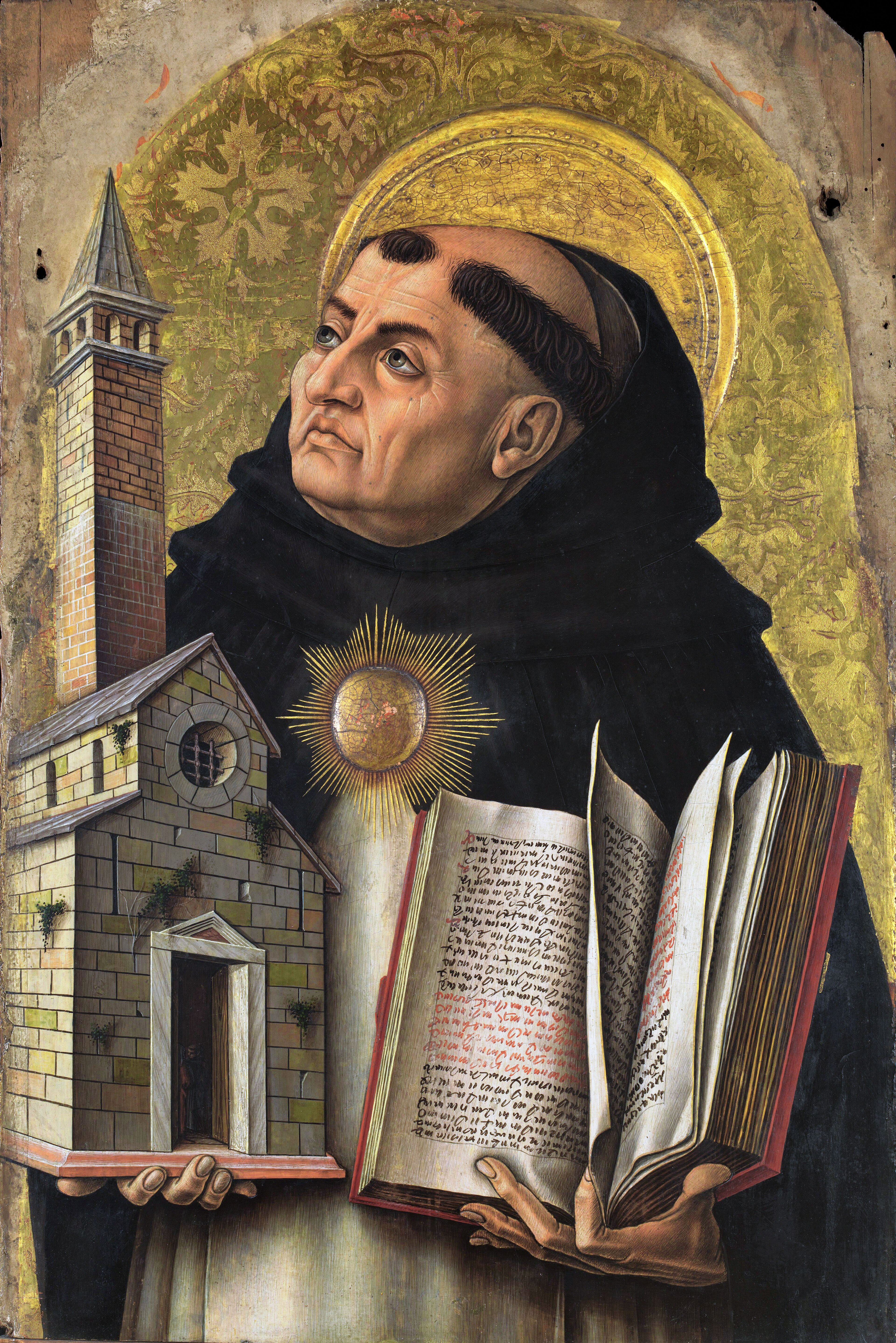 Illustrated portrait of Saint Thomas d'Aquin, with a soft halo
