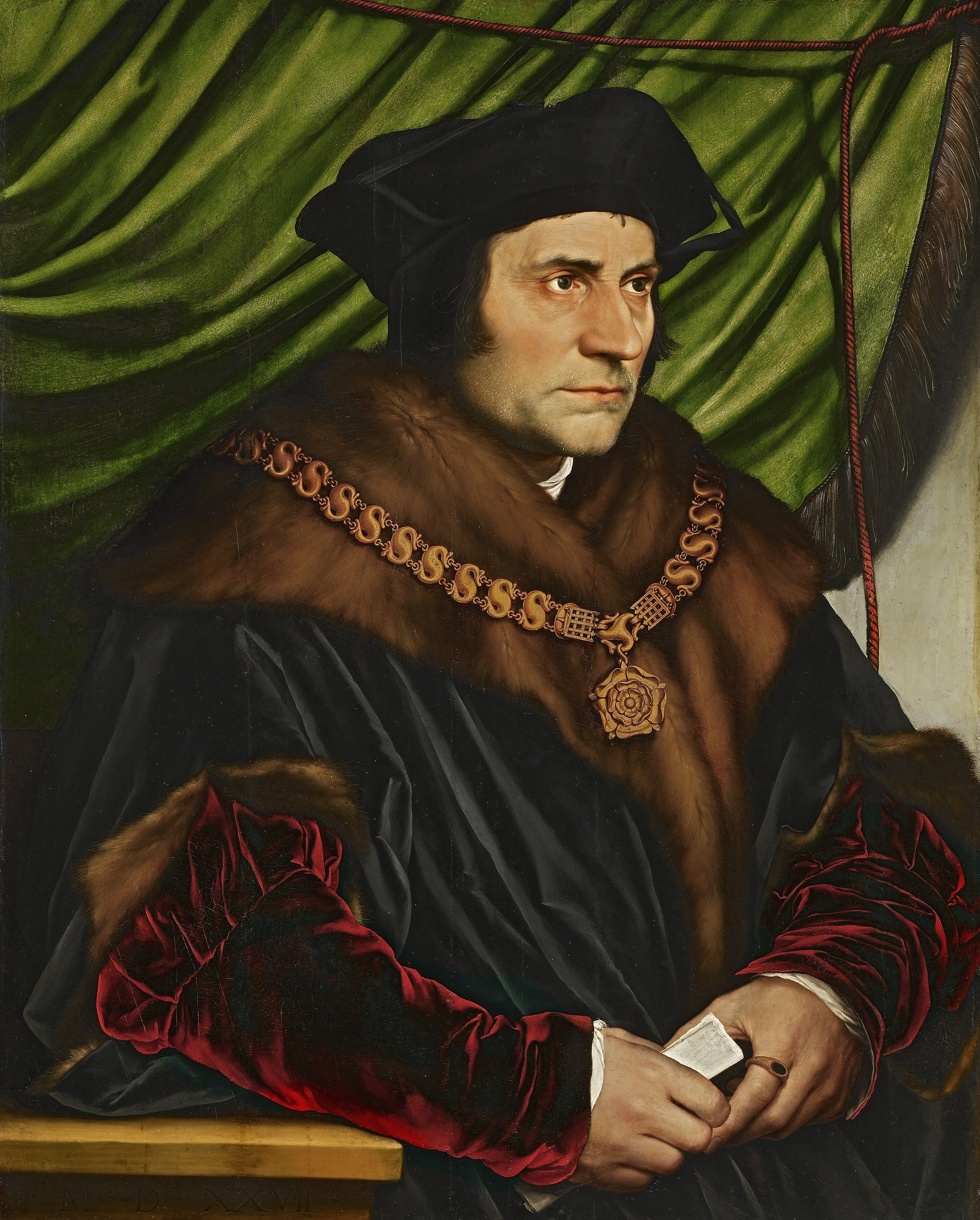 Illustrated portrait of Saint Thomas More, with a soft halo